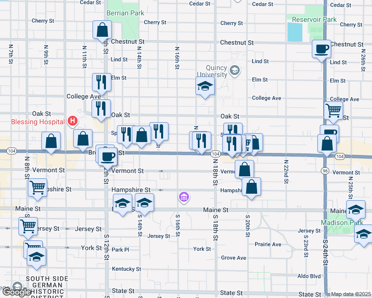 map of restaurants, bars, coffee shops, grocery stores, and more near 1615 Broadway Street in Quincy