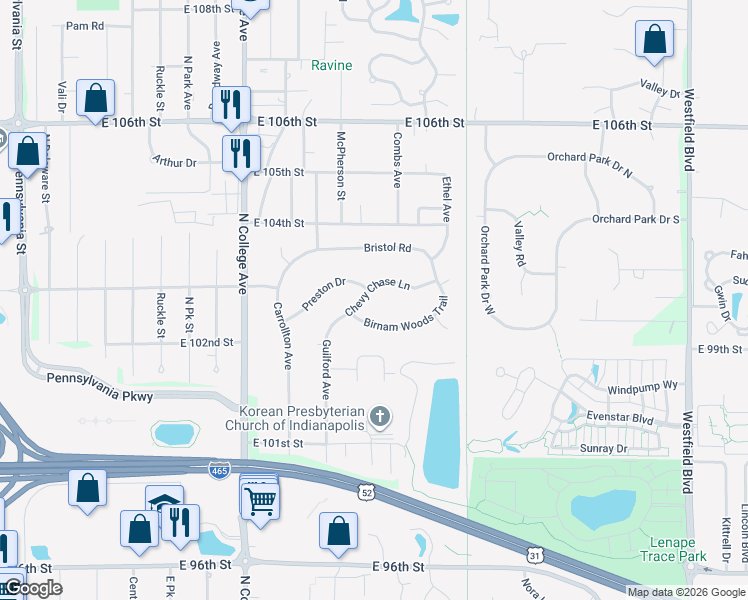 map of restaurants, bars, coffee shops, grocery stores, and more near 959 Chevy Chase Lane in Indianapolis