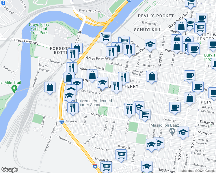map of restaurants, bars, coffee shops, grocery stores, and more near 2943 Gerritt Street in Philadelphia