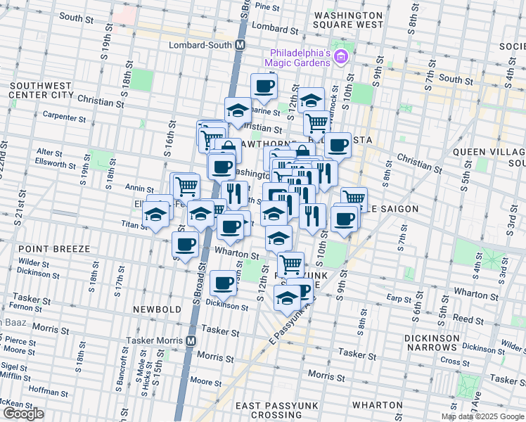 map of restaurants, bars, coffee shops, grocery stores, and more near 1221 Annin Street in Philadelphia