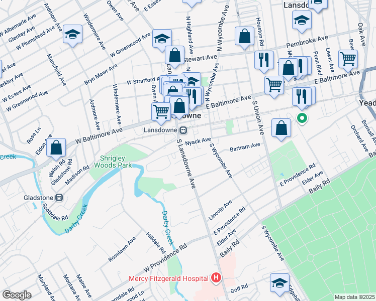 map of restaurants, bars, coffee shops, grocery stores, and more near 83 South Lansdowne Avenue in Lansdowne