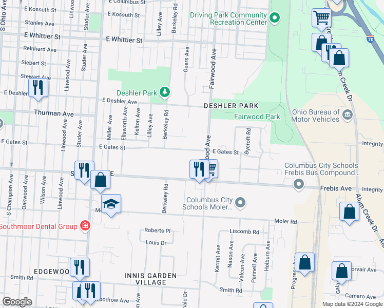 map of restaurants, bars, coffee shops, grocery stores, and more near 1459 East Gates Street in Columbus
