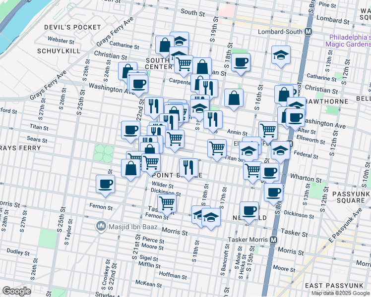 map of restaurants, bars, coffee shops, grocery stores, and more near 1917 Titan Street in Philadelphia