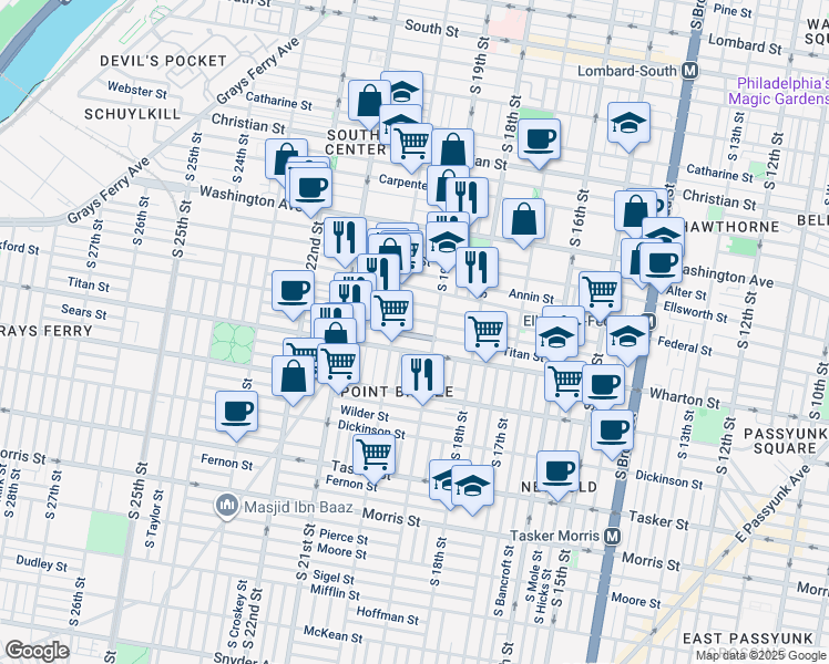 map of restaurants, bars, coffee shops, grocery stores, and more near 1919 Titan Street in Philadelphia