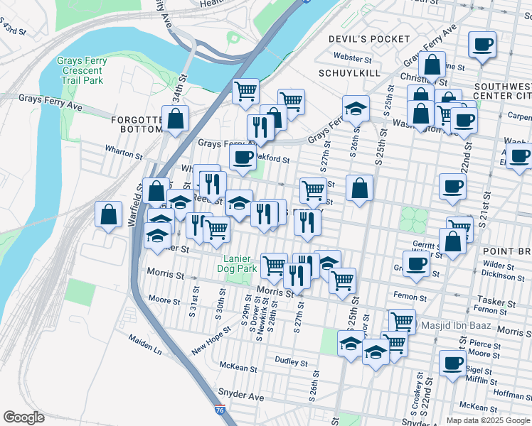 map of restaurants, bars, coffee shops, grocery stores, and more near 1405 South 29th Street in Philadelphia