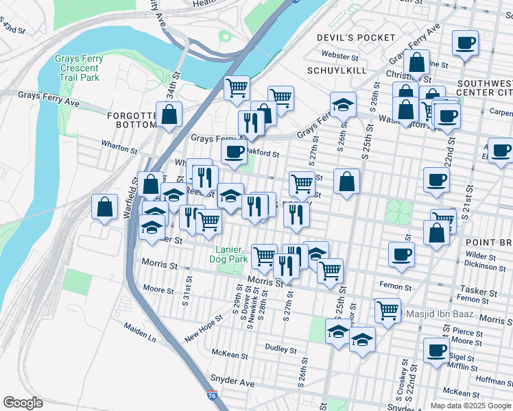 map of restaurants, bars, coffee shops, grocery stores, and more near 1400 South Dover Street in Philadelphia