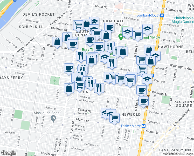 map of restaurants, bars, coffee shops, grocery stores, and more near 1921 Titan Street in Philadelphia