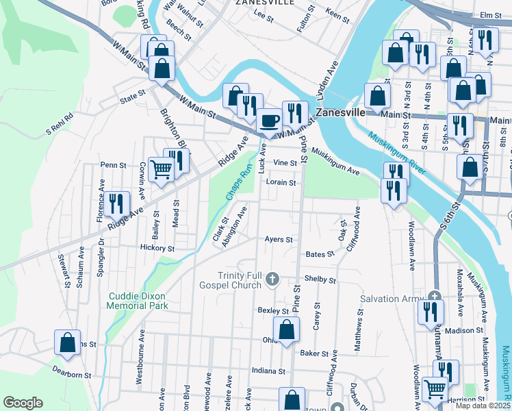 map of restaurants, bars, coffee shops, grocery stores, and more near 249 Luck Avenue in Zanesville
