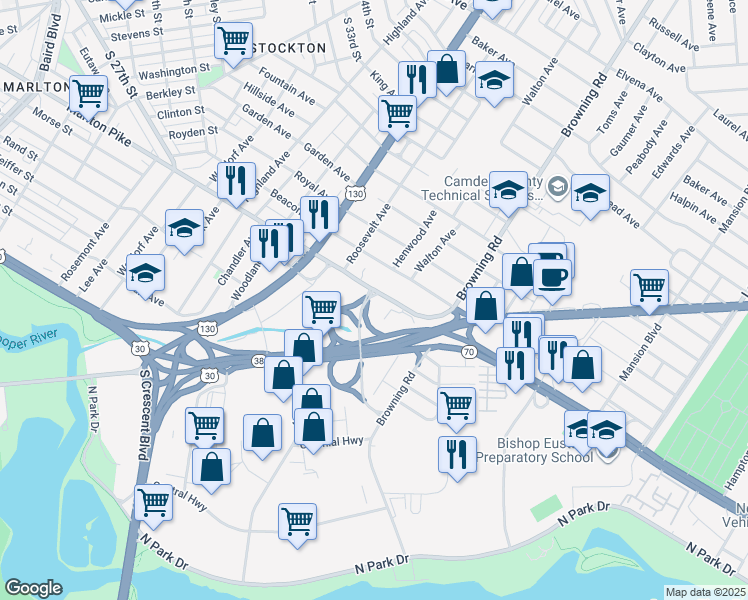 map of restaurants, bars, coffee shops, grocery stores, and more near 4154 Marlton Pike in Pennsauken Township