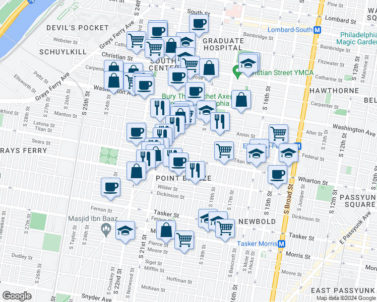 map of restaurants, bars, coffee shops, grocery stores, and more near 1929 Titan Street in Philadelphia