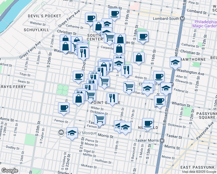 map of restaurants, bars, coffee shops, grocery stores, and more near 1236 South 20th Street in Philadelphia