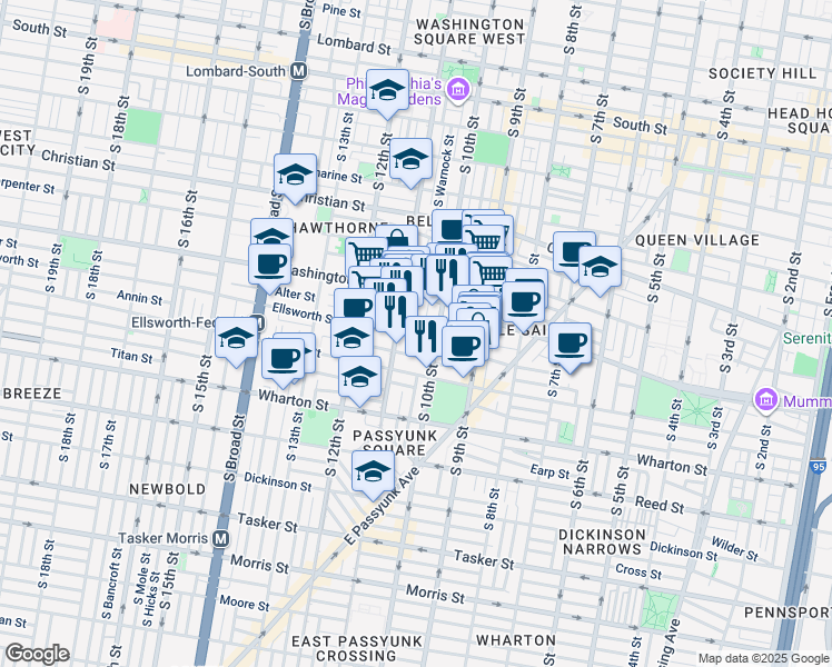 map of restaurants, bars, coffee shops, grocery stores, and more near 1023 Ellsworth Street in Philadelphia
