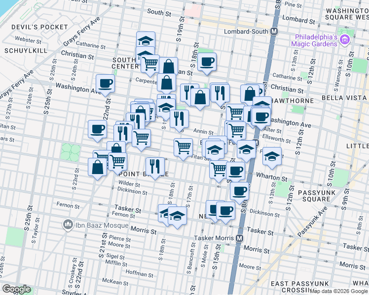 map of restaurants, bars, coffee shops, grocery stores, and more near 1226 South 18th Street in Philadelphia