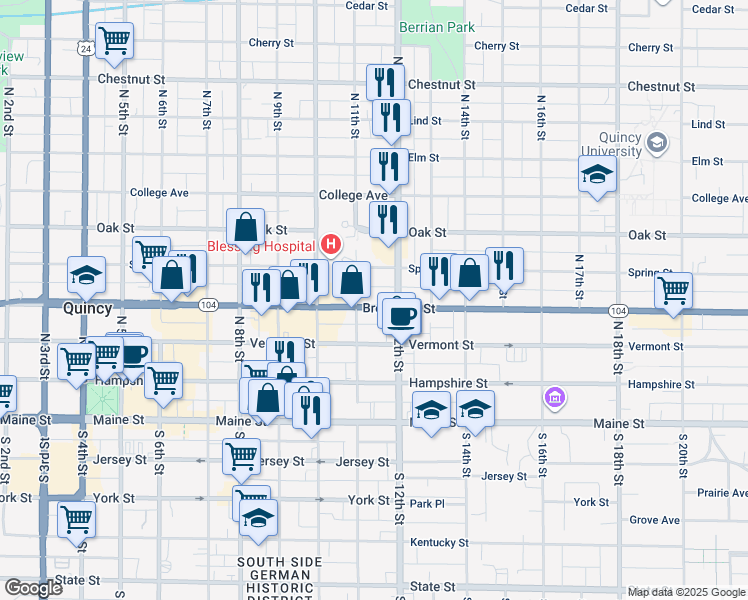 map of restaurants, bars, coffee shops, grocery stores, and more near 1117 Broadway Street in Quincy