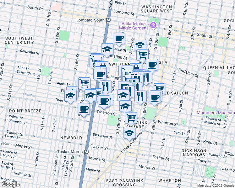 map of restaurants, bars, coffee shops, grocery stores, and more near 1225 Annin Street in Philadelphia
