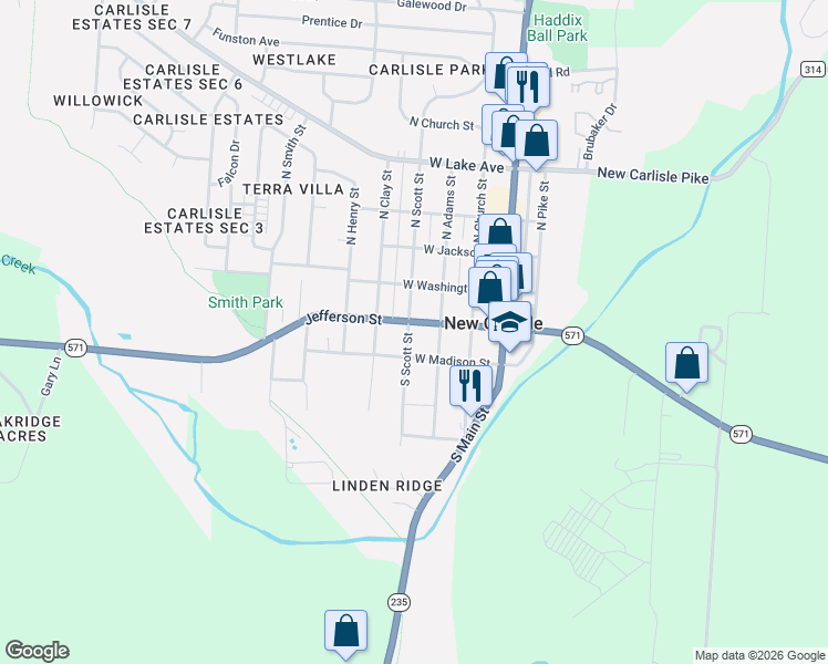 map of restaurants, bars, coffee shops, grocery stores, and more near 312 Jefferson Street in New Carlisle
