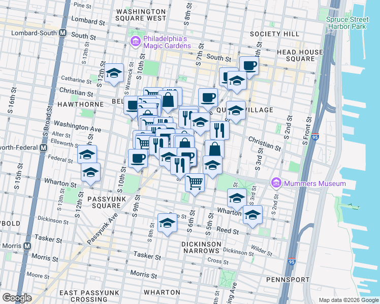 map of restaurants, bars, coffee shops, grocery stores, and more near 633 League Street in Philadelphia