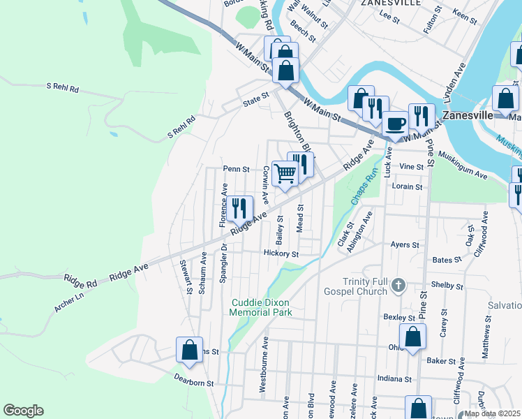 map of restaurants, bars, coffee shops, grocery stores, and more near 1543 Ridge Avenue in Zanesville