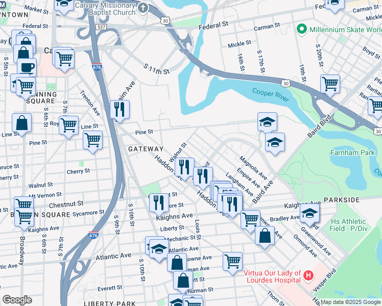 map of restaurants, bars, coffee shops, grocery stores, and more near 1039 Langham Avenue in Camden