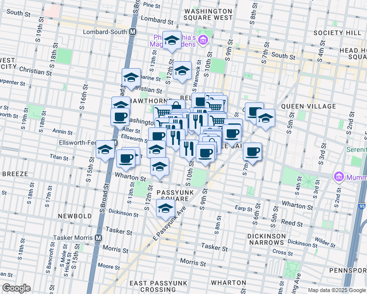 map of restaurants, bars, coffee shops, grocery stores, and more near 1025 Ellsworth Street in Philadelphia