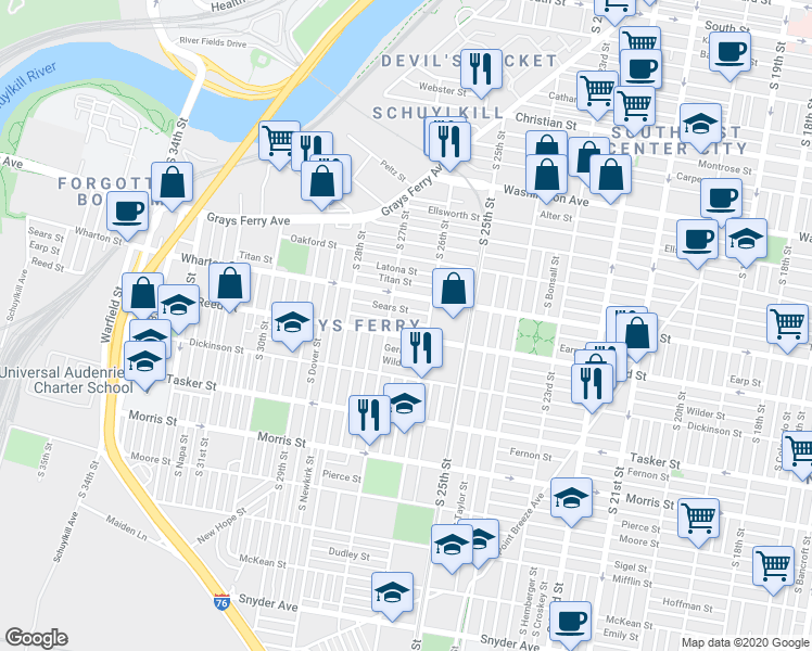map of restaurants, bars, coffee shops, grocery stores, and more near 2630 Earp Street in Philadelphia