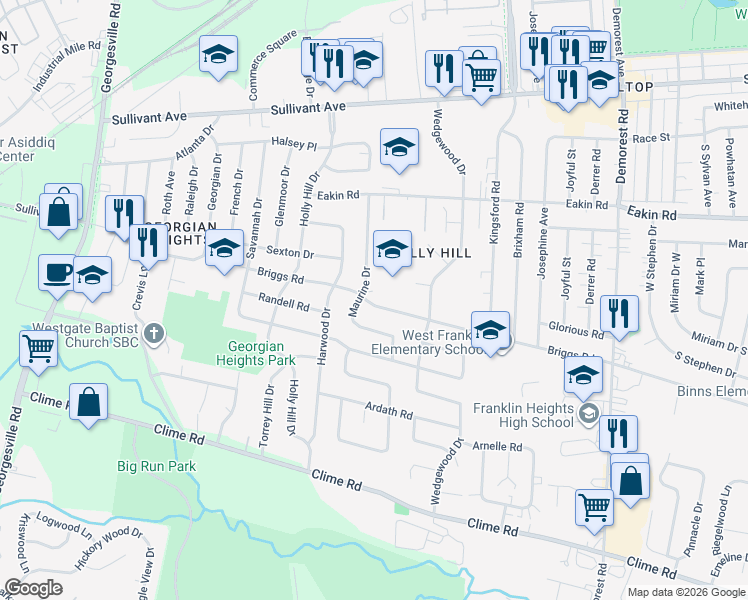 map of restaurants, bars, coffee shops, grocery stores, and more near 3852 Briggs Rd in Columbus