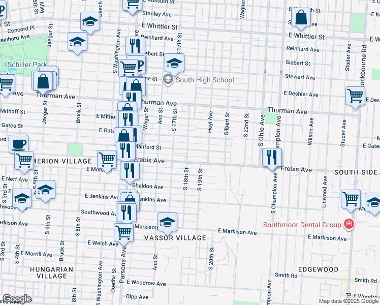 map of restaurants, bars, coffee shops, grocery stores, and more near 629 Hanford Street in Columbus