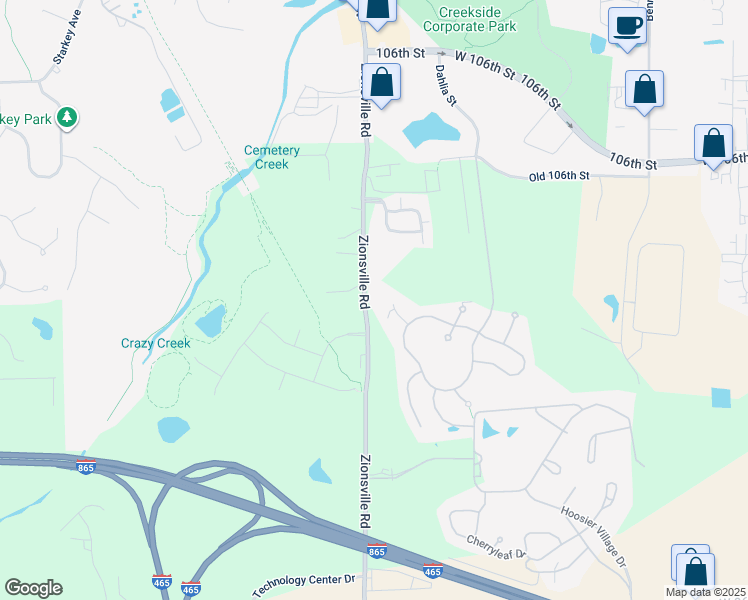 map of restaurants, bars, coffee shops, grocery stores, and more near 10355 Zionsville Road in Zionsville