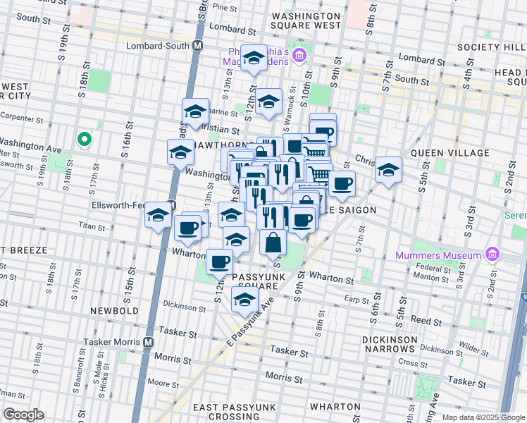 map of restaurants, bars, coffee shops, grocery stores, and more near 1147 South 11th Street in Philadelphia