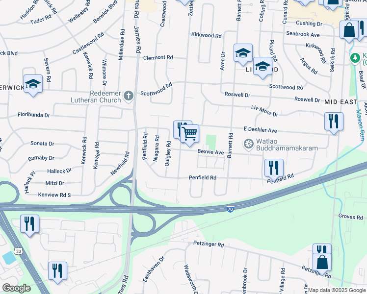 map of restaurants, bars, coffee shops, grocery stores, and more near 1714 Zettler Road in Columbus