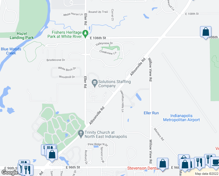 map of restaurants, bars, coffee shops, grocery stores, and more near 1822 Deerbrook Drive in Fishers