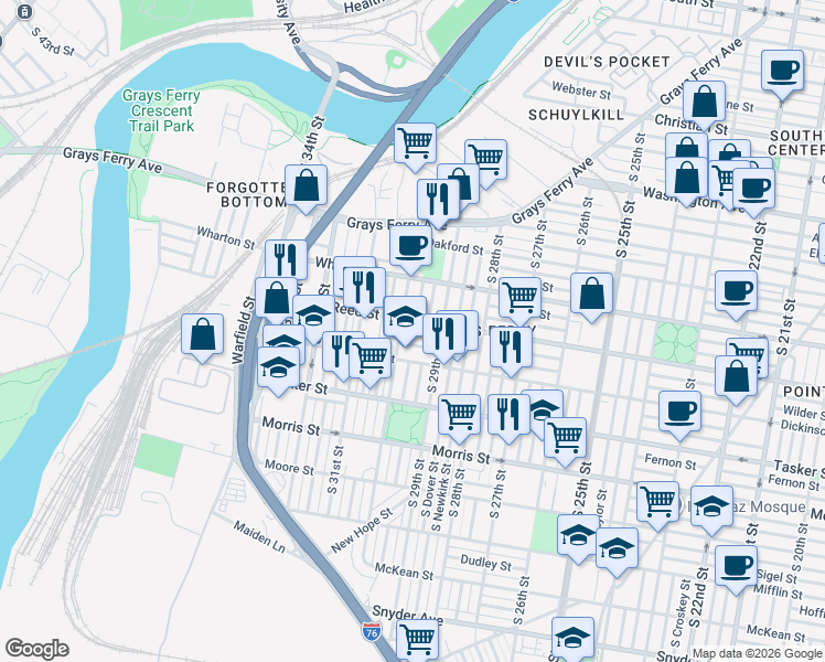 map of restaurants, bars, coffee shops, grocery stores, and more near 2941 Gerritt Street in Philadelphia
