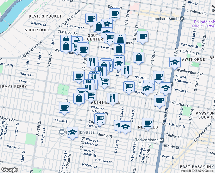 map of restaurants, bars, coffee shops, grocery stores, and more near 1937 Titan Street in Philadelphia