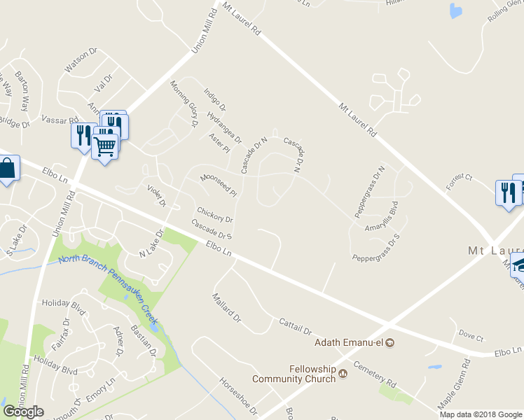 map of restaurants, bars, coffee shops, grocery stores, and more near 933 Larkspur Place South in Mount Laurel