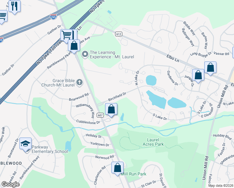 map of restaurants, bars, coffee shops, grocery stores, and more near 401 Birchfield Drive in Mount Laurel Township