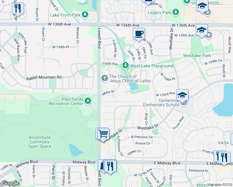 map of restaurants, bars, coffee shops, grocery stores, and more near 3337 Gold Court in Broomfield