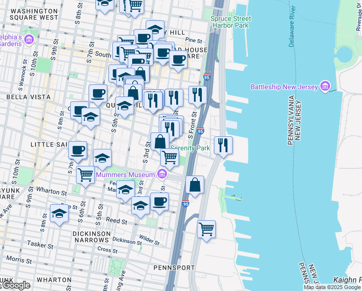 map of restaurants, bars, coffee shops, grocery stores, and more near 831 South Howard Street in Philadelphia