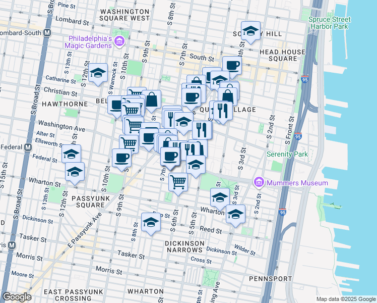 map of restaurants, bars, coffee shops, grocery stores, and more near 1002 South Randolph Street in Philadelphia