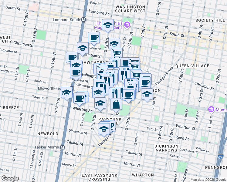 map of restaurants, bars, coffee shops, grocery stores, and more near 1146 South 11th Street in Philadelphia