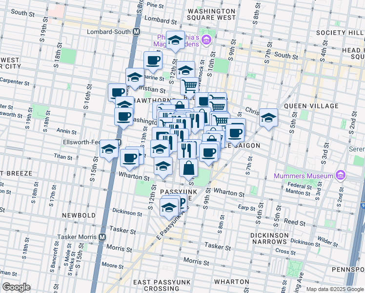 map of restaurants, bars, coffee shops, grocery stores, and more near 1147 South 11th Street in Philadelphia