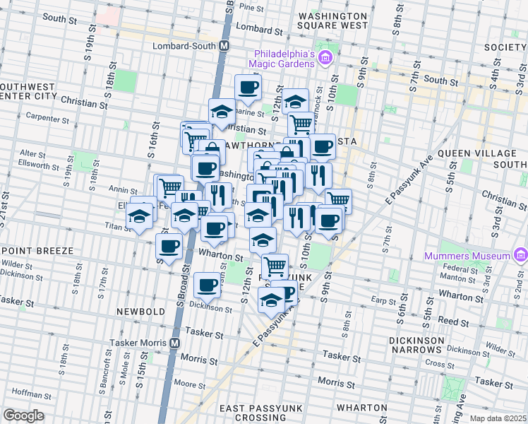 map of restaurants, bars, coffee shops, grocery stores, and more near 1202 Ellsworth Street in Philadelphia