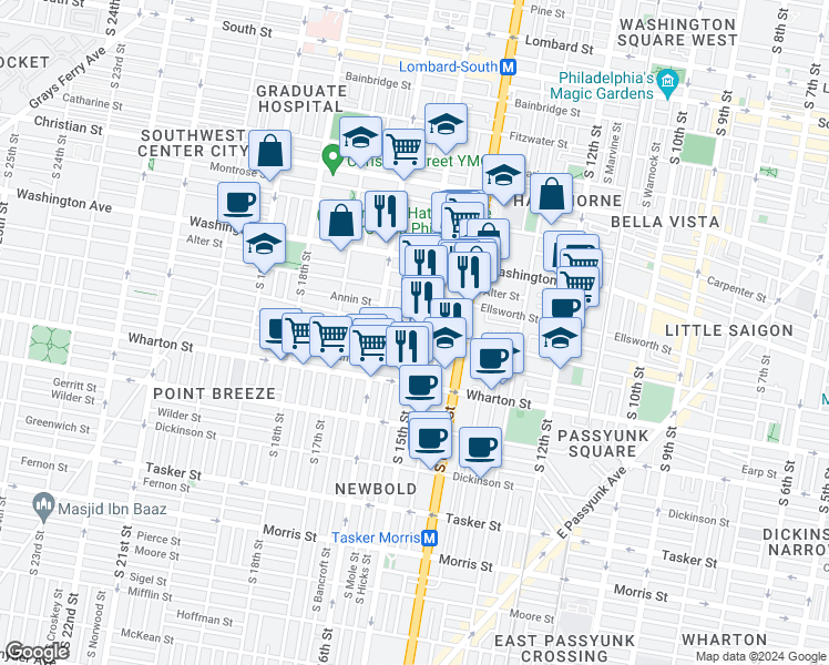 map of restaurants, bars, coffee shops, grocery stores, and more near 1510 Federal Street in Philadelphia