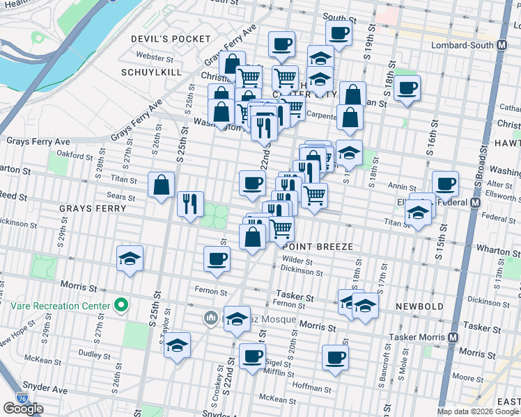 map of restaurants, bars, coffee shops, grocery stores, and more near in Philadelphia