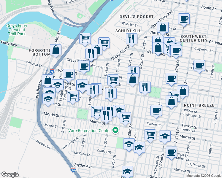 map of restaurants, bars, coffee shops, grocery stores, and more near in Philadelphia