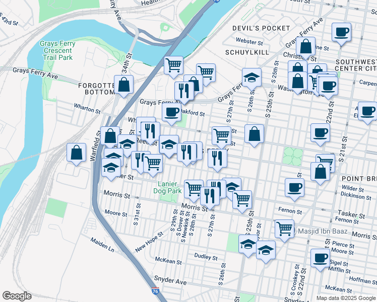 map of restaurants, bars, coffee shops, grocery stores, and more near 1400 South Dover Street in Philadelphia