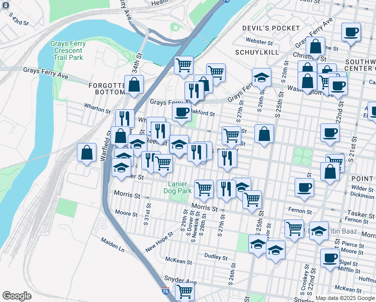 map of restaurants, bars, coffee shops, grocery stores, and more near 2943 Gerritt Street in Philadelphia