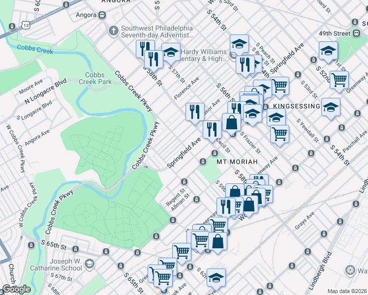 map of restaurants, bars, coffee shops, grocery stores, and more near 5851 Springfield Avenue in Philadelphia