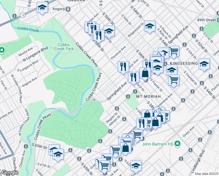 map of restaurants, bars, coffee shops, grocery stores, and more near 5920 Windsor Street in Philadelphia