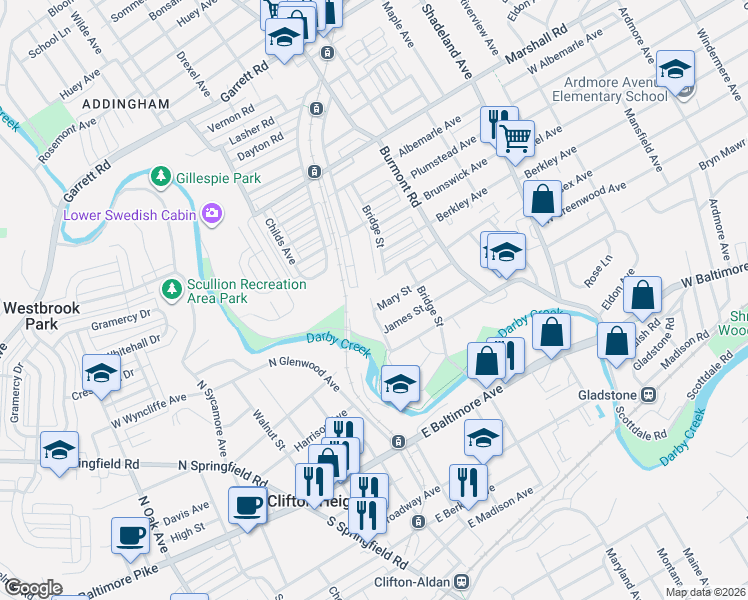 map of restaurants, bars, coffee shops, grocery stores, and more near 3943 Mary Street in Drexel Hill