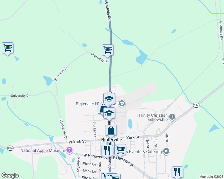 map of restaurants, bars, coffee shops, grocery stores, and more near 185 Carlisle Road in Biglerville